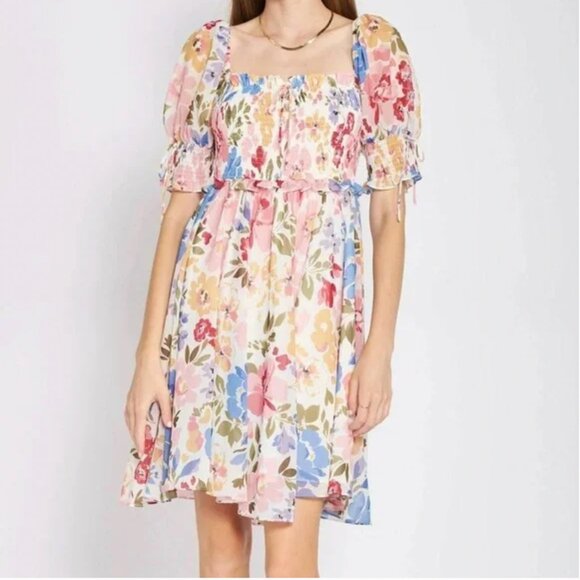 En Saison Constantia Floral Puff Sleeve Smocked Chiffon Mini Dress Fairycore S - Picture 1 of 7